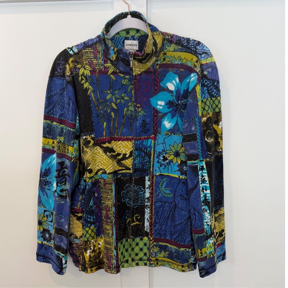 Vintage Chicos Jacket Art To Wear 100% Cotton Asian Buddha Blue Purple 2‎ Large
